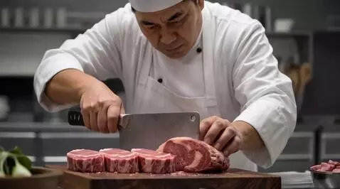 AI Video from prompt: chef is slicing meat very fast like tik titk tik