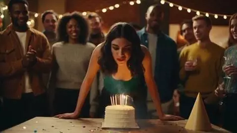 AI Video from prompt: a woman in a tank top at a party. she blows out 