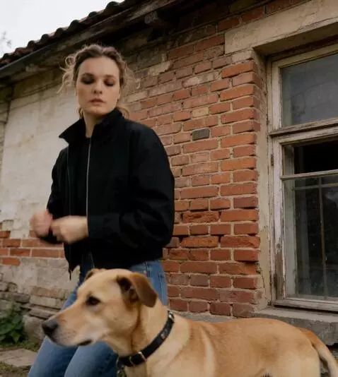 AI Video from prompt: the dog comes up to the girl. the girl crouches 
