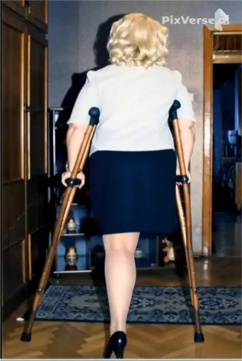 AI Video from prompt: A one-legged woman walks unhurriedly away from t