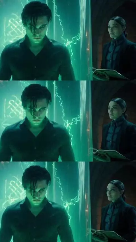 AI Video from prompt: Vertical 3-frame split. Dark gothic medieval lab