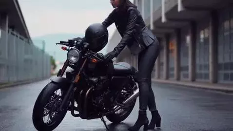 AI Video from prompt: a woman in a latex suit. she gets off a motorcyc