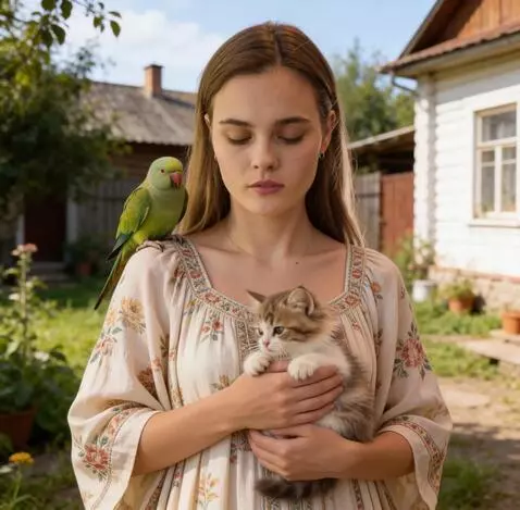 AI Video from prompt: the girl gently holds the kitten and strokes it.