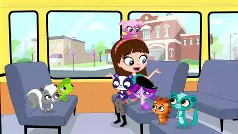 AI Video from prompt: Blythe Baxter and pets are getting off the bus t