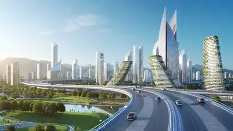 AI Video from prompt: Highly detailed futuristic city adjacent to a hi