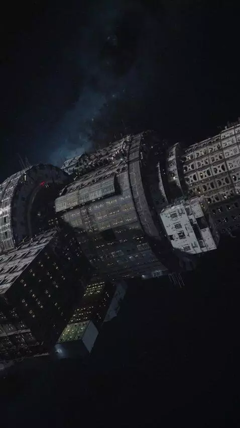 AI Video from prompt: A massive irregular generational spaceship with 