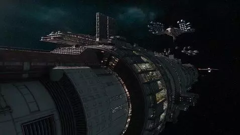 AI Video from prompt: A massive irregular generational spaceship with 