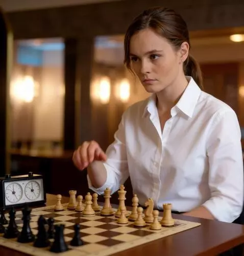 AI Video from prompt: the girl makes a chess move, moving a piece one 