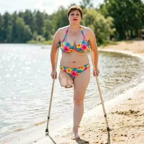 AI Video from prompt: A one-legged woman walks unhurriedly toward the 