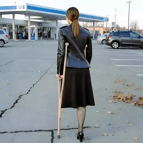 AI Video from prompt: A beautiful one-legged woman slowly turns her ba