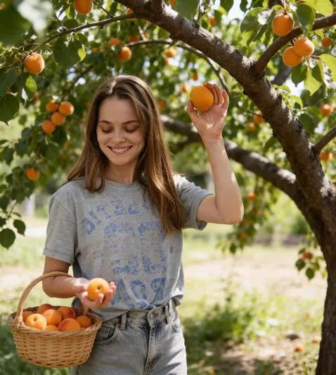 AI Video from prompt: picks another apricot off the branch and throws 