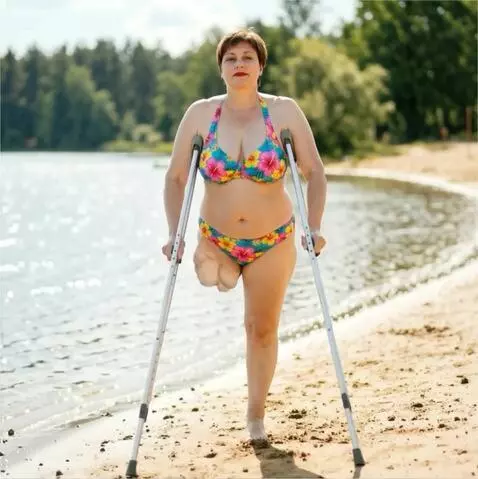AI Video from prompt: A one-legged woman walks unhurriedly toward the 