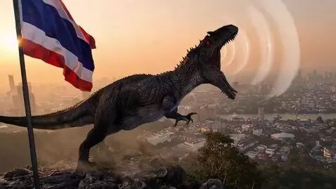 AI Video from prompt: Title: Giganotosaurus Roars Above Bangkok Prompt