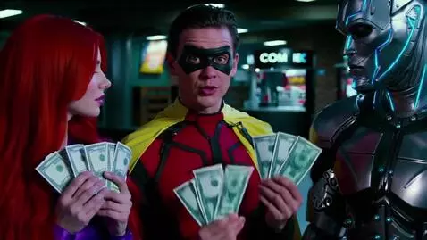 AI Video from prompt: Robin with two five dollar bills and one dollar 