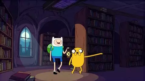 AI Video from prompt: Finn and Jake are walking at the library at nigh