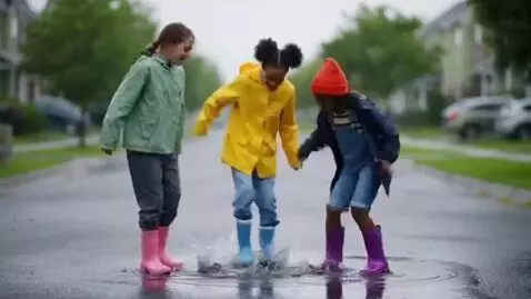 AI Video from prompt: 3 tween girls playing in the rain