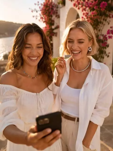 AI Video from prompt: Charming girls take selfies, then look at their 