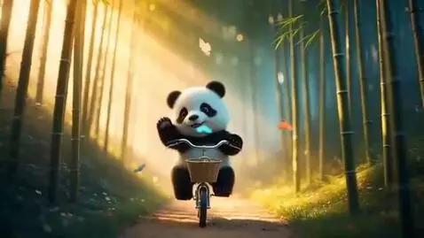 AI Video from prompt: A cute baby panda riding a tiny bicycle through 