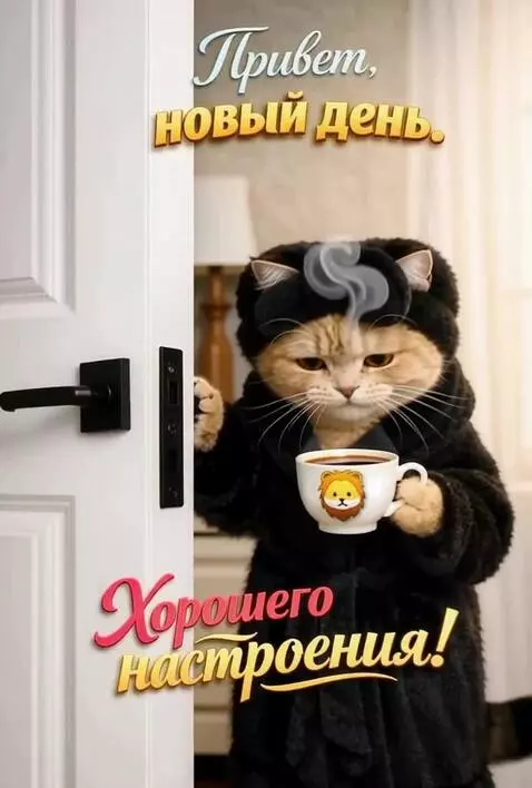 AI Video from prompt: The Cat is walking, smiling, and drinking coffee