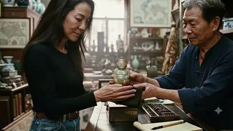 AI Video from prompt: A beautiful Chinese woman purchases a plump jade