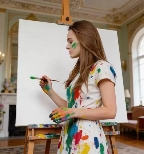 AI Video from prompt: the girl makes a couple of stokes on the canvas,