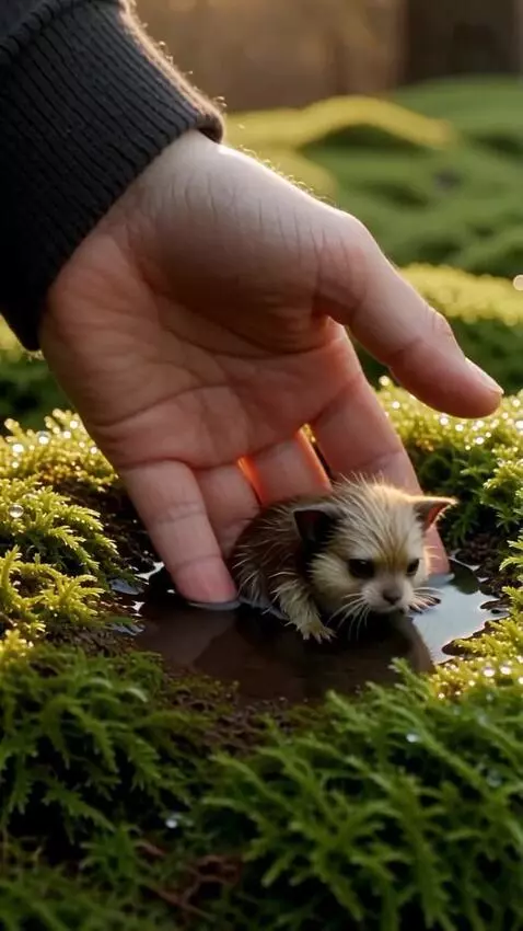 AI Video from prompt: A tiny, adorable, fluffy miniature creature is s