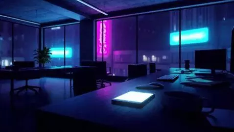 AI Video from prompt: cinematic wide shot, empty office at night, neon