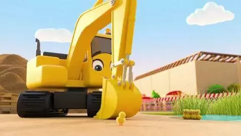 AI Video from prompt: A cute yellow excavator with large expressive bl