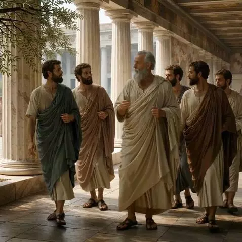 AI Video from prompt: A cinematic historical scene inside the Stoa Poi