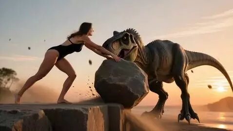AI Video from prompt: A woman in a black swimsuit stands on a ledge ab