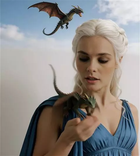 AI Video from prompt: a little dragon hops from a girl,s shoulder onto