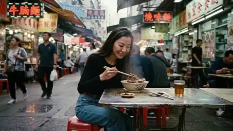 AI Video from prompt: A Chinese woman is eating noodles in an outside 