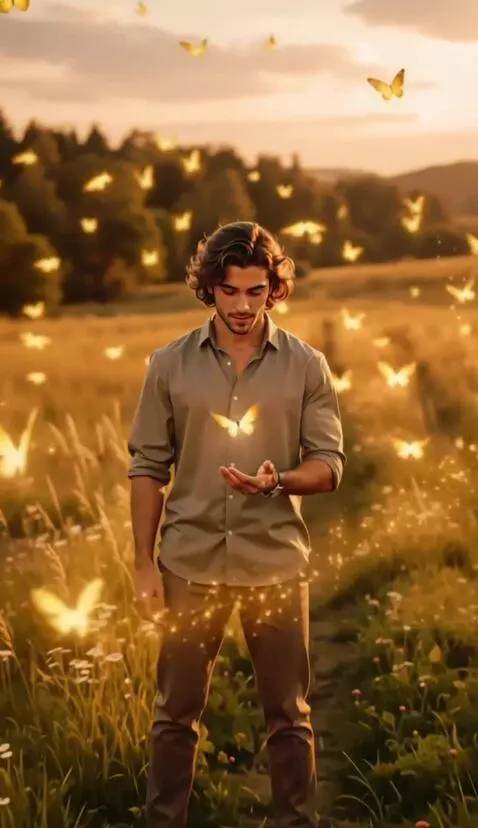 AI Video from prompt: One of the butterflies lands on a man's palm, an