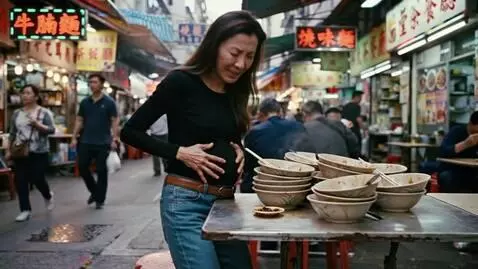 AI Video from prompt: A Chinese woman is in a marketing eating in Hong