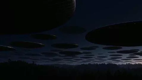 AI Video from prompt: Alien spaceships painted Vanta Black and feature