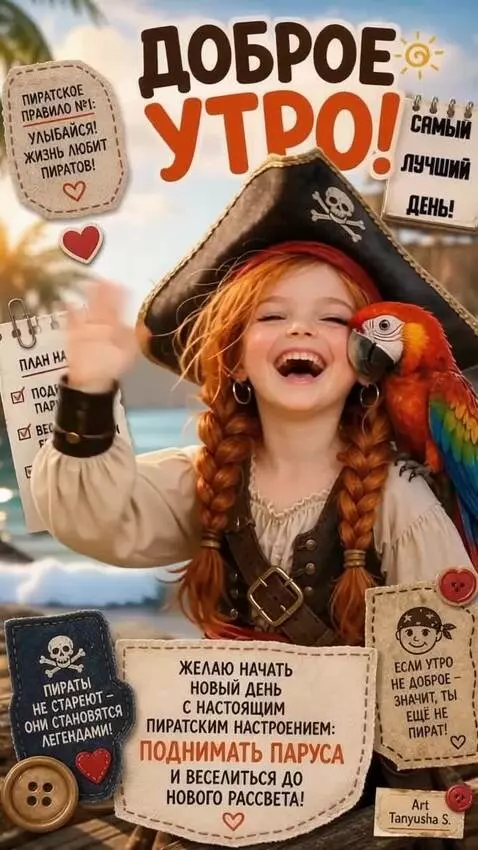 AI Video from prompt: A pirate girl laughs and waves, while a parrot s