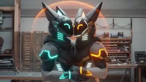 AI Video from prompt: two protogens combine into a two-headed protogen