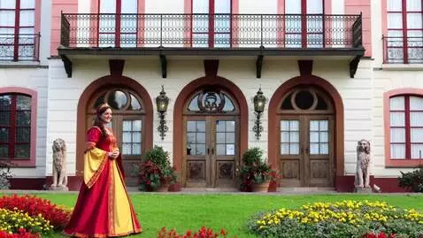 AI Video from prompt: kvinna välkomnar in till slott och går mot slott
