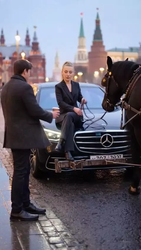 AI Video from prompt: The woman in a suit sits on the hood, the horses