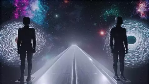 AI Video from prompt: Interstellar walkway to worlds. The backdrop is 