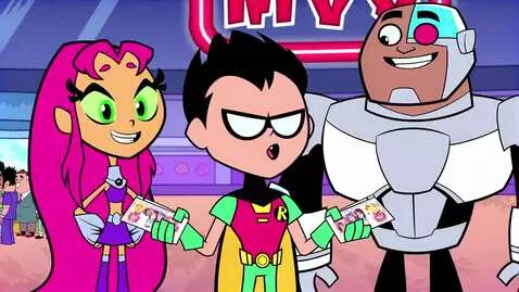 AI Video from prompt: Robin, Starfire, and Cyborg at AMC Theatres at n