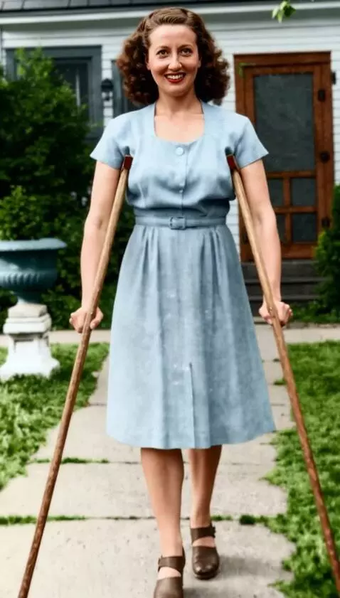 AI Video from prompt: A one-legged woman walks light and feminine towa