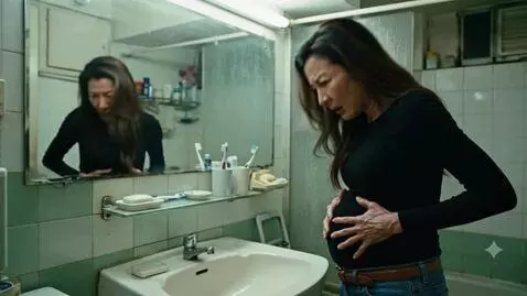 AI Video from prompt: A very full Chinese woman is in a bathroom in Ho