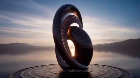 Dark abstract sculpture with glowing inscriptions on a circular base in water, mountains and sunset sky background.