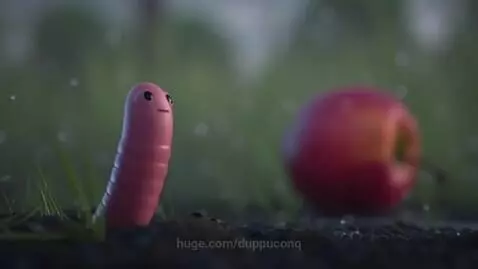A cartoon worm with a leaf parachute descends towards a red apple during a vibrant sunset.