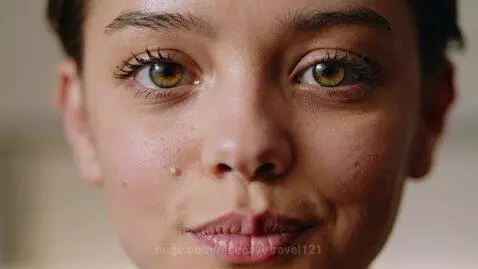 Close-up of Pokimane's face with heterochromatic eyes, transitioning from neutral to a smile.