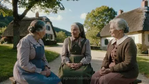 Three elderly grandmothers in traditional clothing talking outdoors in a village with thatched-roof houses.