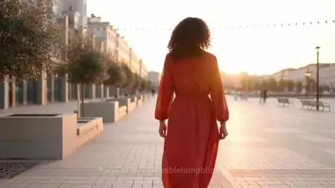 Woman with curly hair in a long orange-red dress walking away on a paved plaza during a sunset.