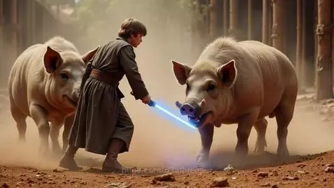 Person dressed as Luke Skywalker with a blue lightsaber fighting two large pigs