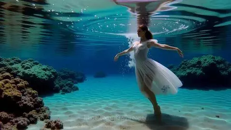 Woman in white dress dancing underwater amidst coral reefs and rising bubbles.